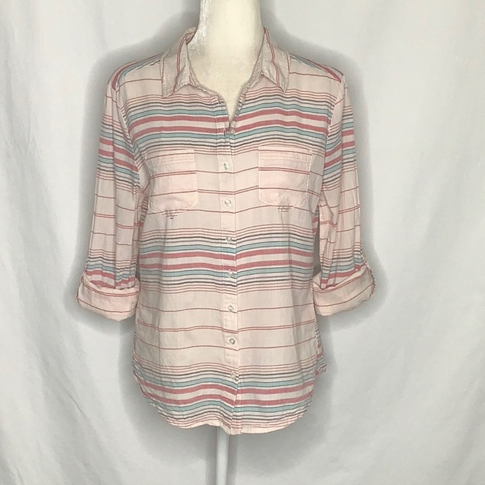 C&C California Lightweight Cotton Striped Button Down Blouse Roll Tab Sleeves M
